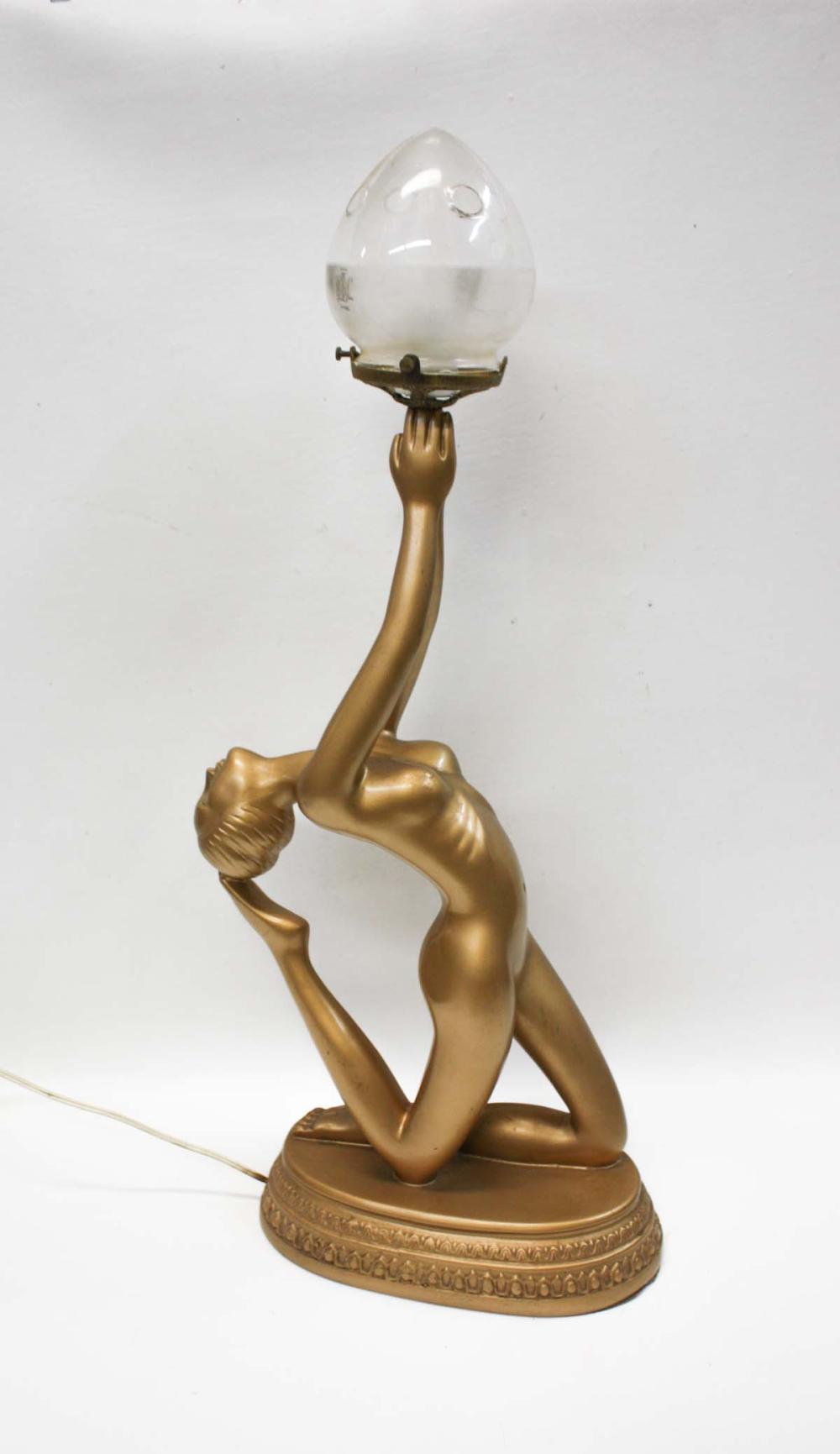 Appraisal: ART DECO STYLE FIGURAL TABLE LAMP the gilt resin lamp