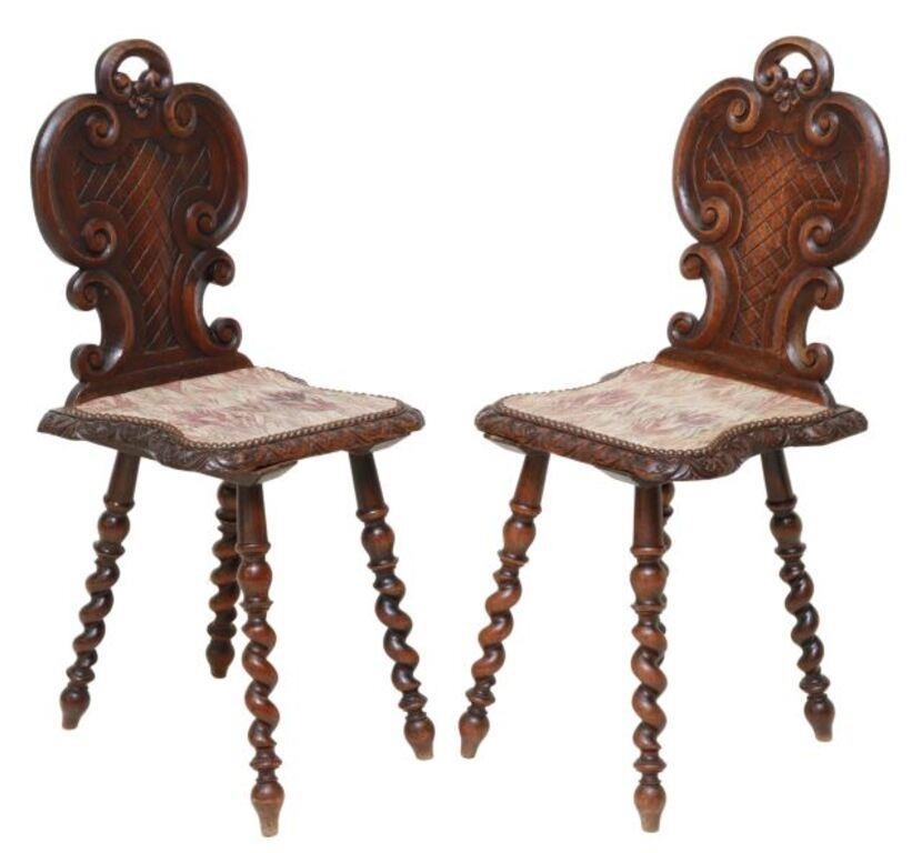 Appraisal: pair French carved hall chairs th c having scrolled back