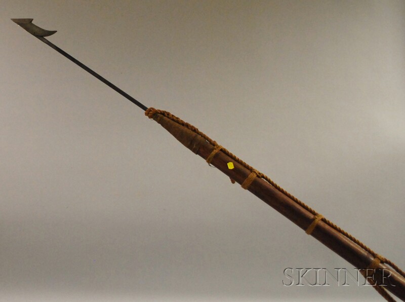 Appraisal: Replica Wood Rope Iron and Brass Whaling Harpoon the toggle