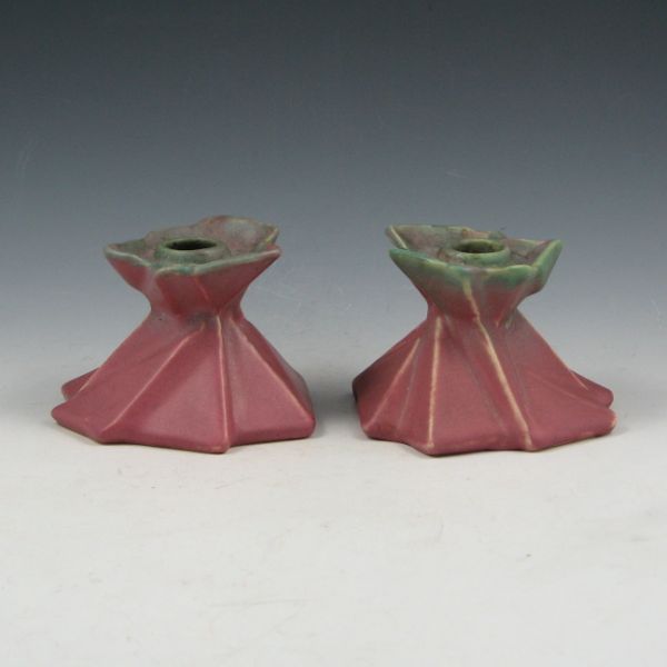 Appraisal: Muncie Rombic candleholders pair in Matte Green over Rose Unmarked