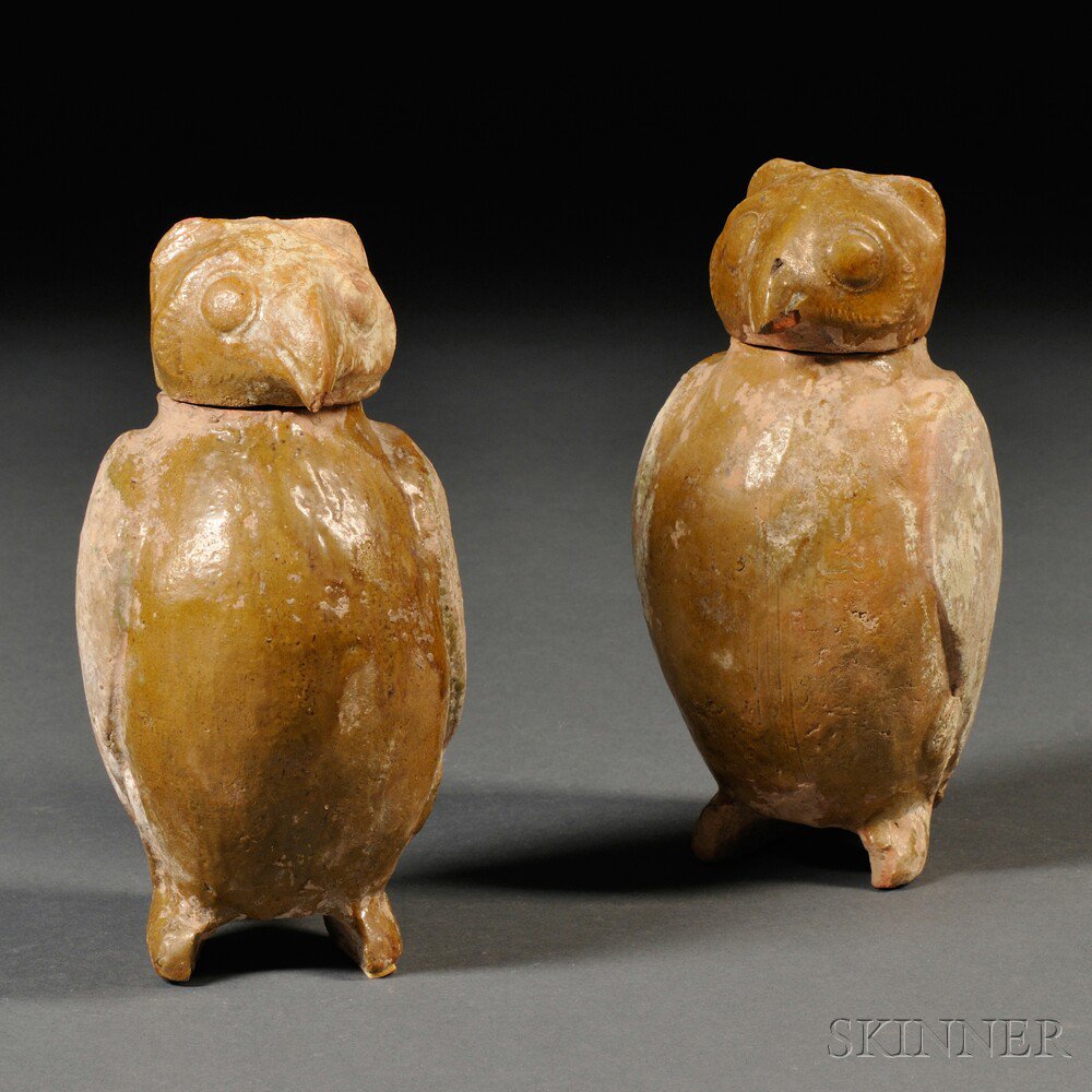 Appraisal: Pair of Terra-cotta Owl-shaped Covered Containers China with carved and