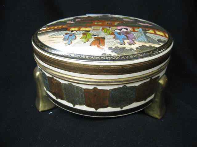 Appraisal: Japanese Satsuma Pottery Dresser Box elaborate scenes with villagers footed