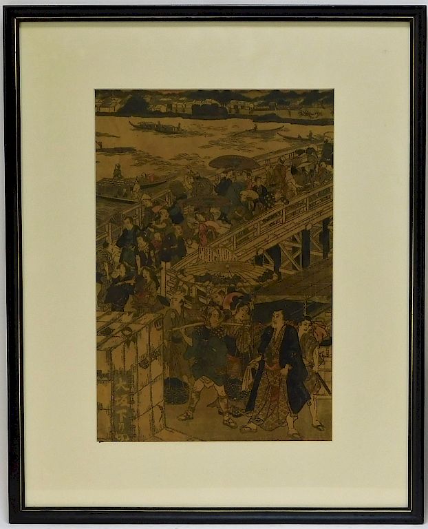 Appraisal: Attrib Toyokuni Utagawa Crowded Bridge Woodblock Attrib Toyokuni Utagawa Japan