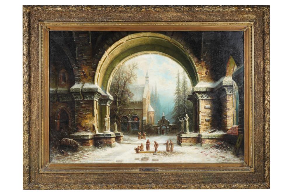 Appraisal: ALBERT BREDOW - MONASTERY COURTYARD SCENEoil on canvas laid to