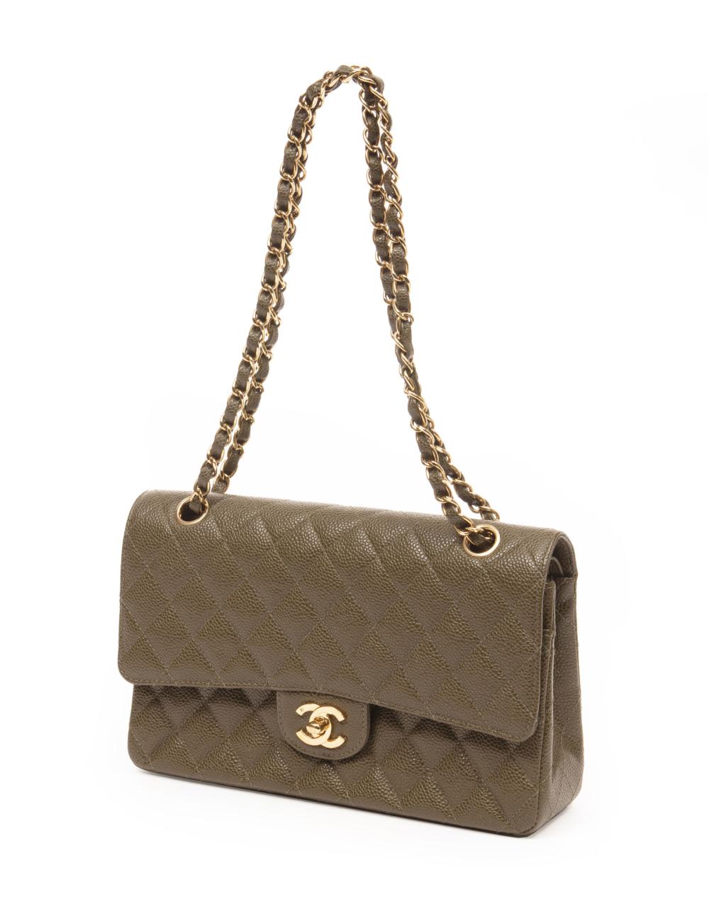 Appraisal: Chanel Classic Caviar Leather Medium Double Flap Handbag quilted olive