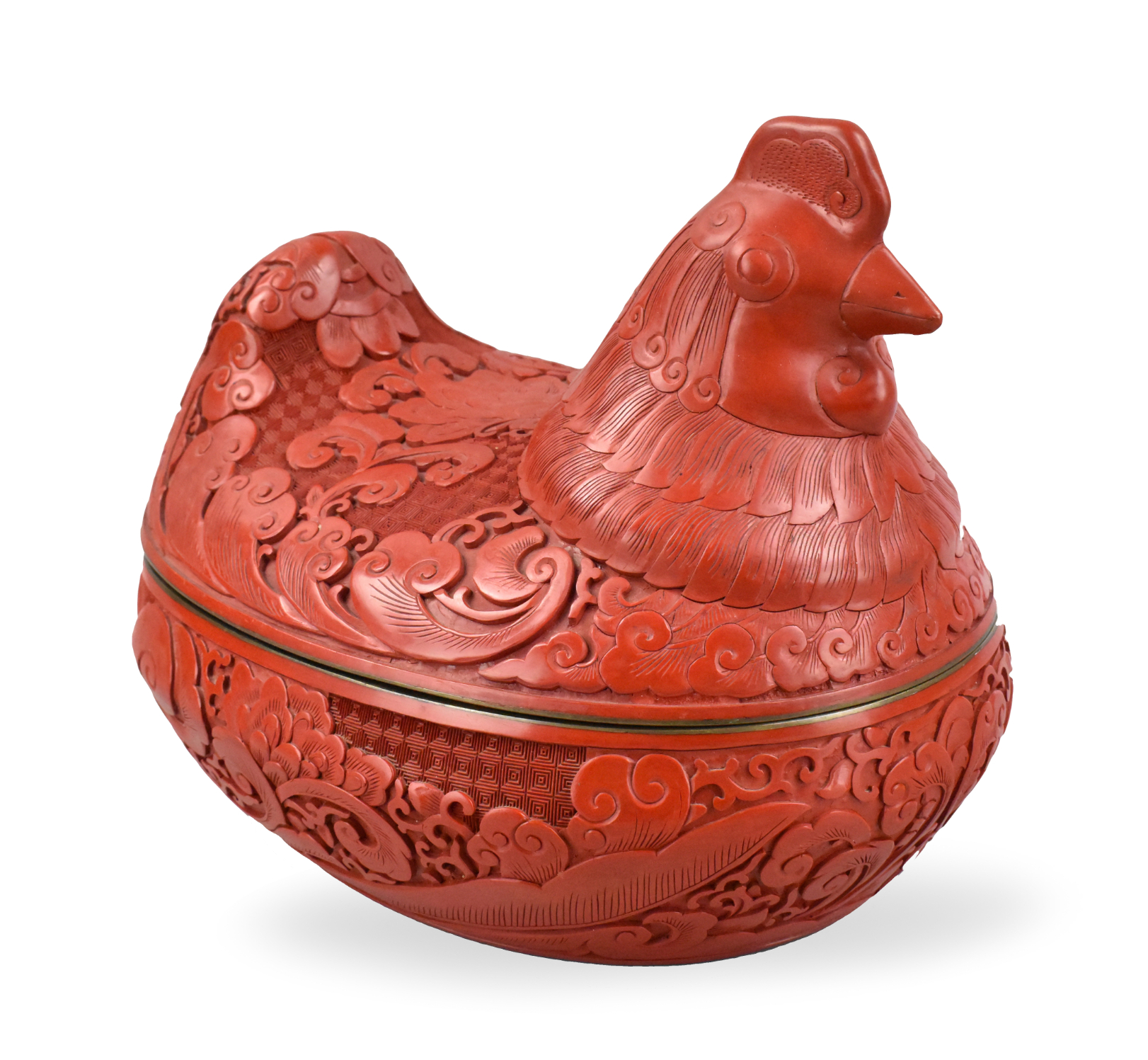 Appraisal: A large red lacquered rooster shaped covered box Metal construction