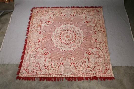 Appraisal: JACQUARD COVERLET In red and natural with a central floral