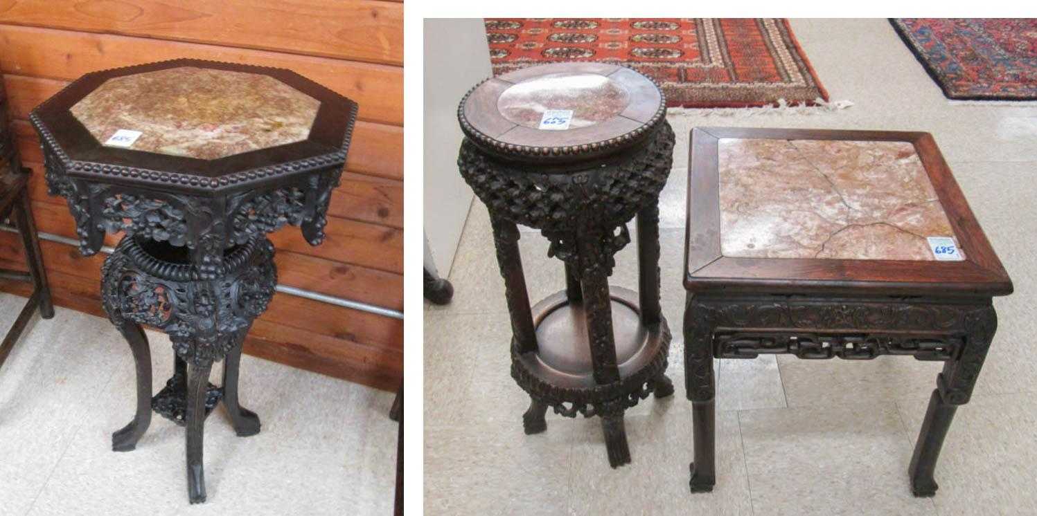 Appraisal: THREE CARVED ROSEWOOD OCCASIONAL TABLES Chinese export early th century