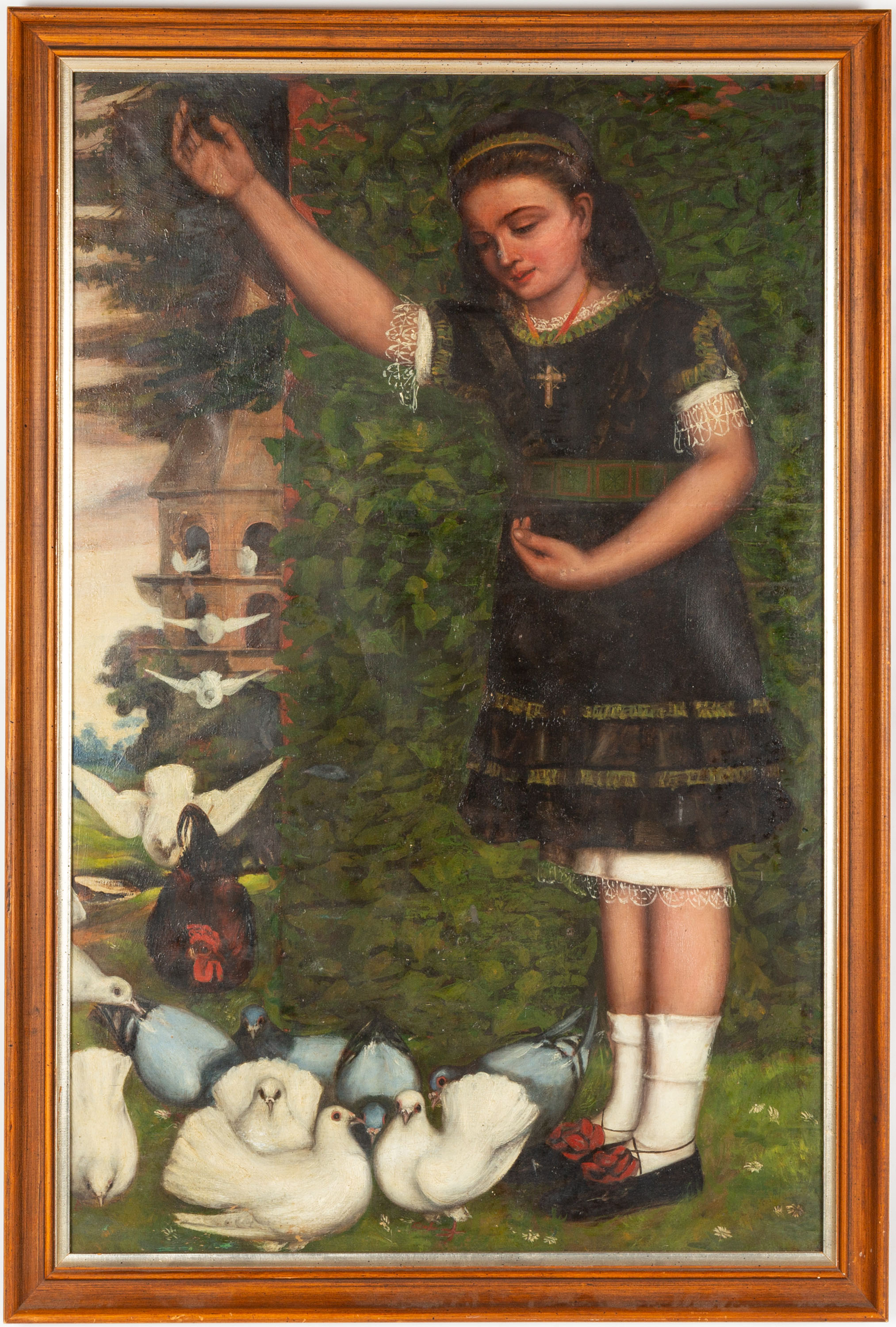 Appraisal: TH CENTURY PAINTING OF GIRL WITH DOVES Oil on canvas