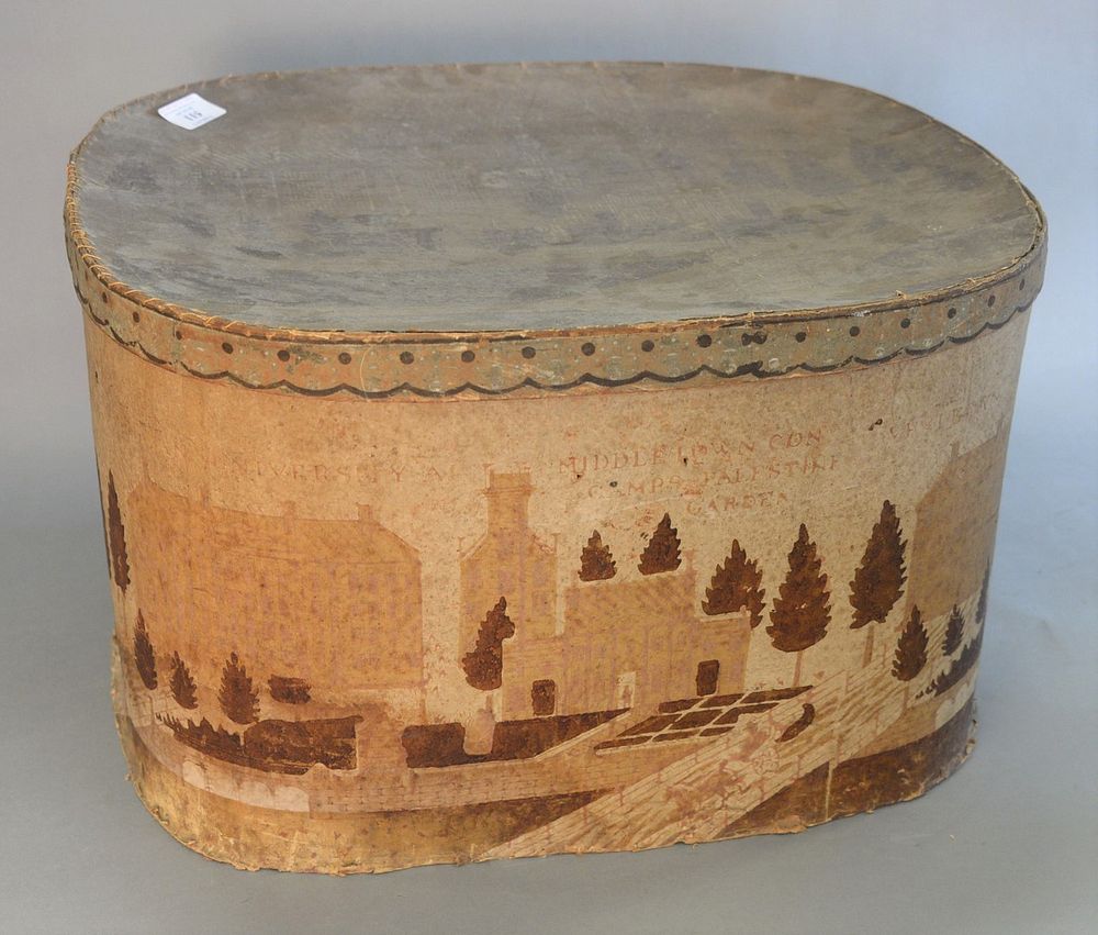 Appraisal: Wallpaper Hat Box illustrated with Wesleyan University Collegiate landscape scene