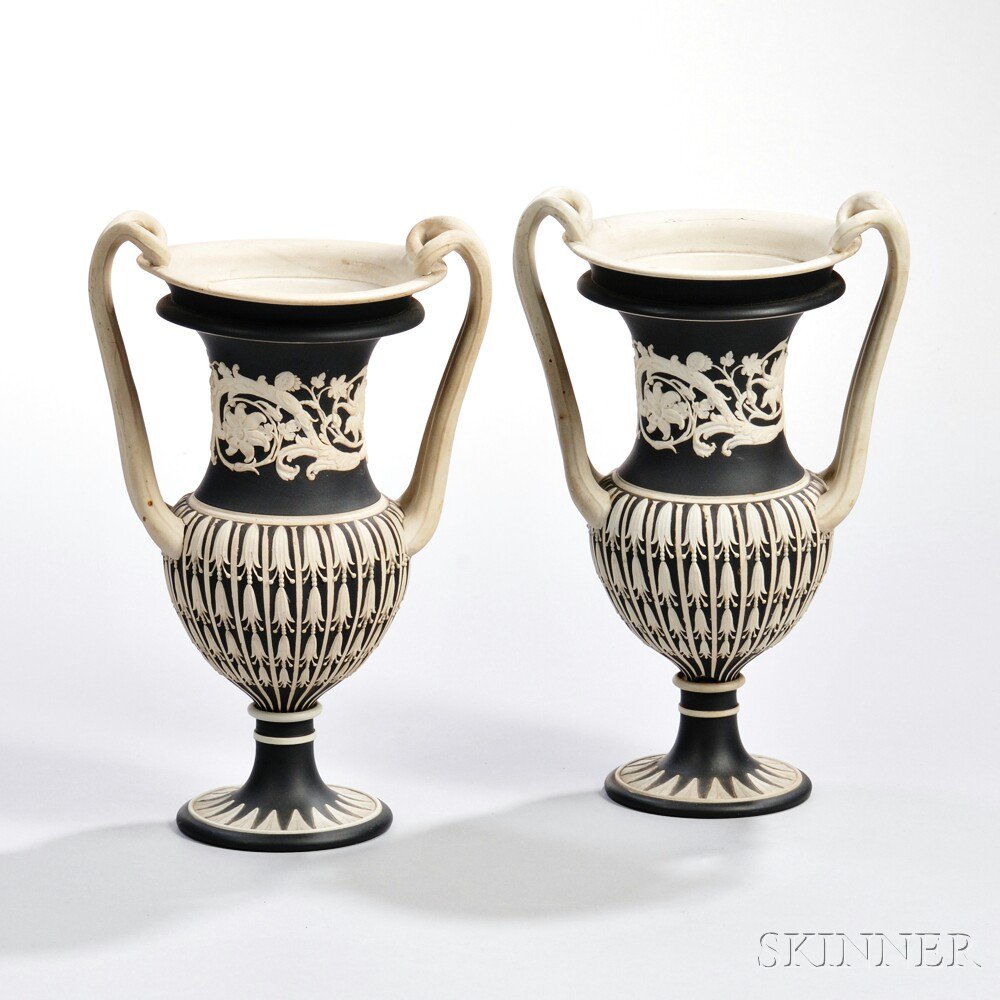 Appraisal: Pair of Wedgwood Black Jasper Dip Two-handled Vases England early