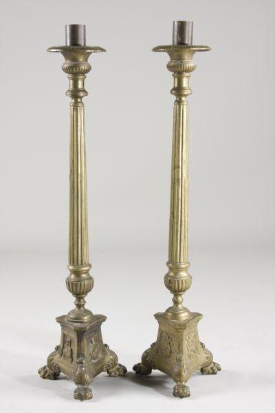 Appraisal: Pair of Brass Altar Candlesticks ca fluted columnar form on