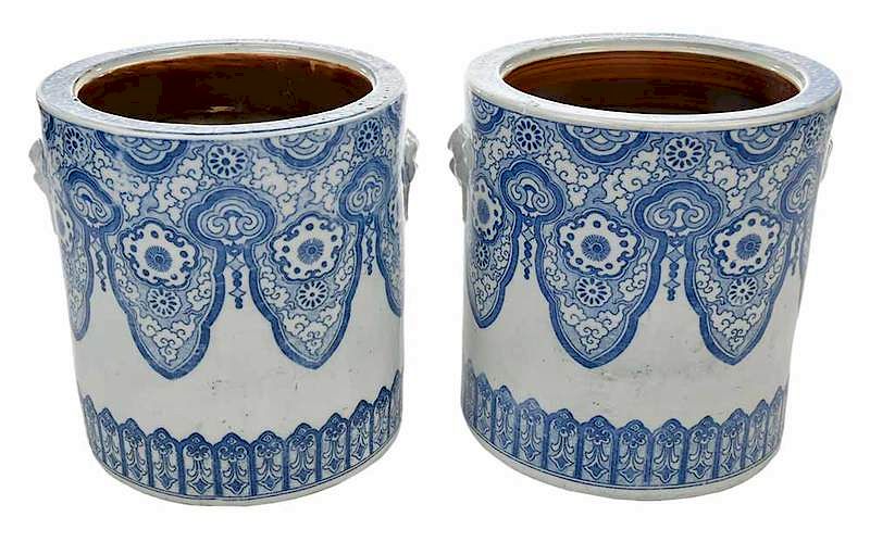 Appraisal: Pair of Chinese Cachepots blue and white underglaze transfer decoration