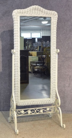 Appraisal: White Iron Wicker Cheval GlassThe mirror swinging between iron standards