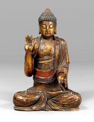 Appraisal: Chinese carved wood Buddha seated in dhyanasana rectangular recess verso