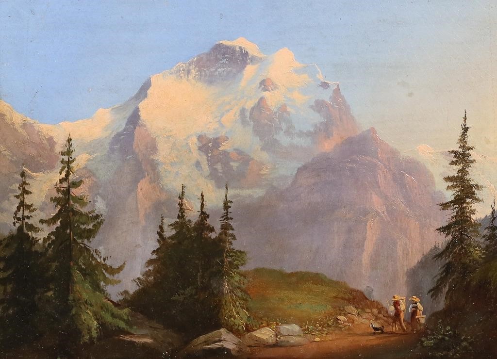 Appraisal: Oil on board hikers in mountain landscape Unsigned x with