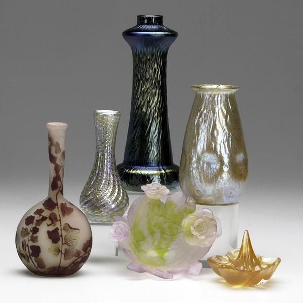 Appraisal: Six art glass pieces all th C Galle cameo vase