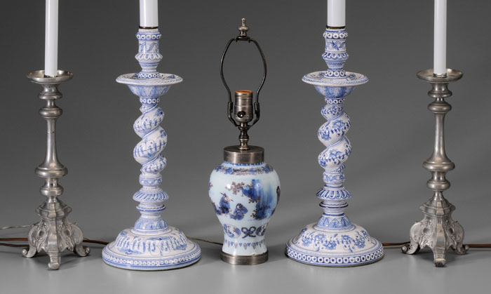 Appraisal: Five Decorative Lamps pair blue and white Delft style twisted