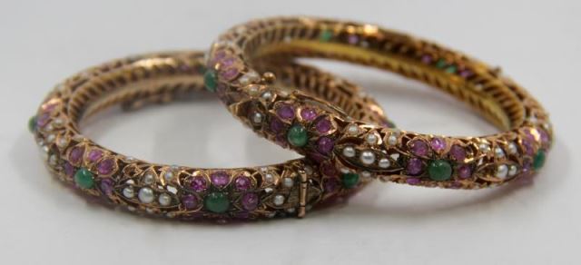 Appraisal: JEWELRY Pair of Middle Eastern kt Gold Ruby Emerald and