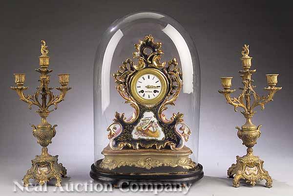 Appraisal: A Paris Porcelain and Gilt Bronze Clock Garniture th c