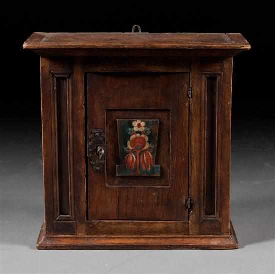 Appraisal: Pennsylvania German style painted oak hanging cabinet single panel door