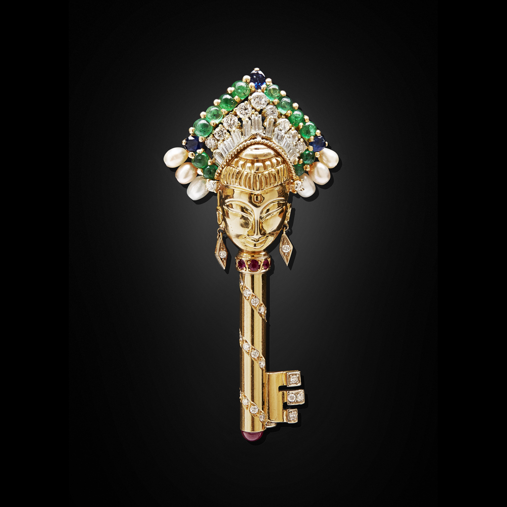 Appraisal: F MORONI - A multi-gem set broochmodelled as a crowned