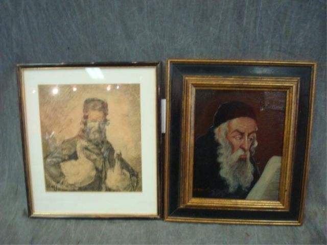 Appraisal: Judaica works oil on board drawing Both signed lower left