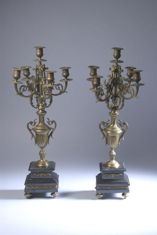 Appraisal: PAIR LOUIS XV-STYLE BRONZE-DOR FIVE-LIGHT CANDELABRA th century Stepped black