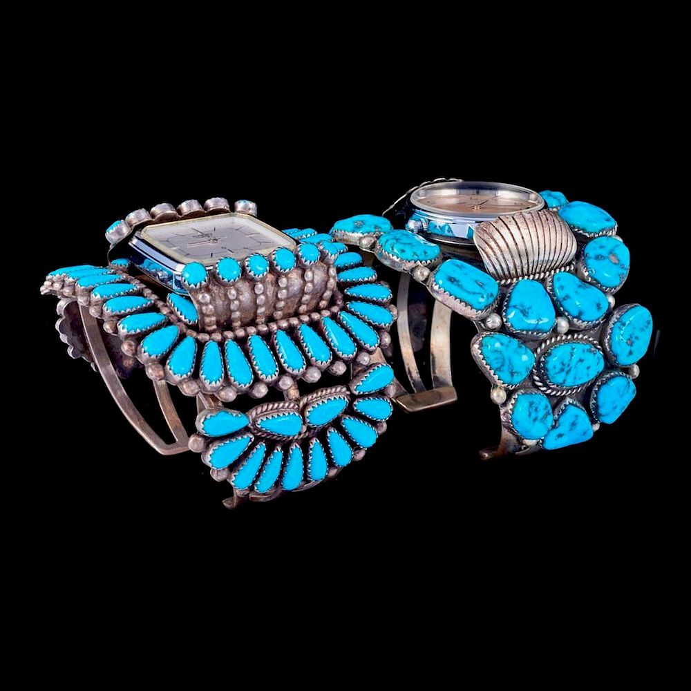 Appraisal: NAVAJO WATCH CUFF BRACELETS Two turquoise and silver watch cuff