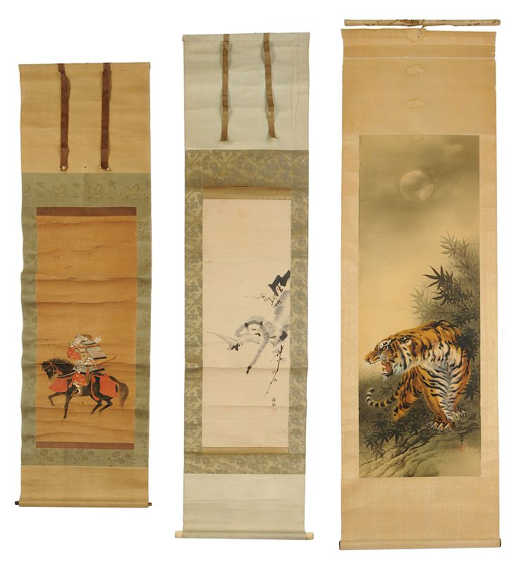 Appraisal: Three Japanese Scrolls with Animals Unknown Artist - Japanese Soldier