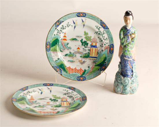 Appraisal: Two Crown Staffordshire Plates and a Chinese Pottery Figure the