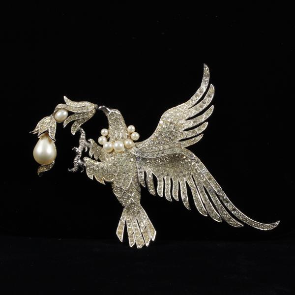 Appraisal: Unmarked Pave Rhinestone Faux Pearl Phoenix Bird Brooch Pin Possible