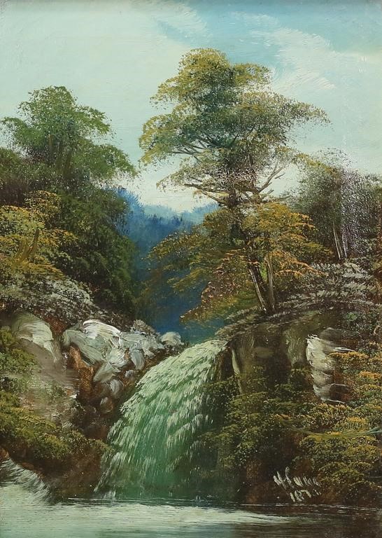 Appraisal: Oil on canvas waterfall in wooded landscape Falls at North