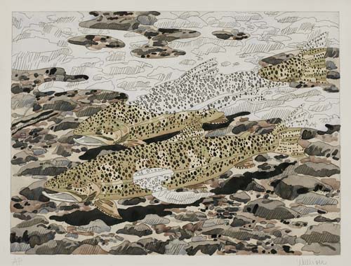 Appraisal: NEIL WELLIVER Brown Trout Etching with hand coloring in watercolor