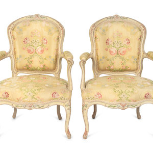 Appraisal: A Pair of Louis XV Yellow-Painted Fauteuils en Cabriolet JEAN-BAPTISTE