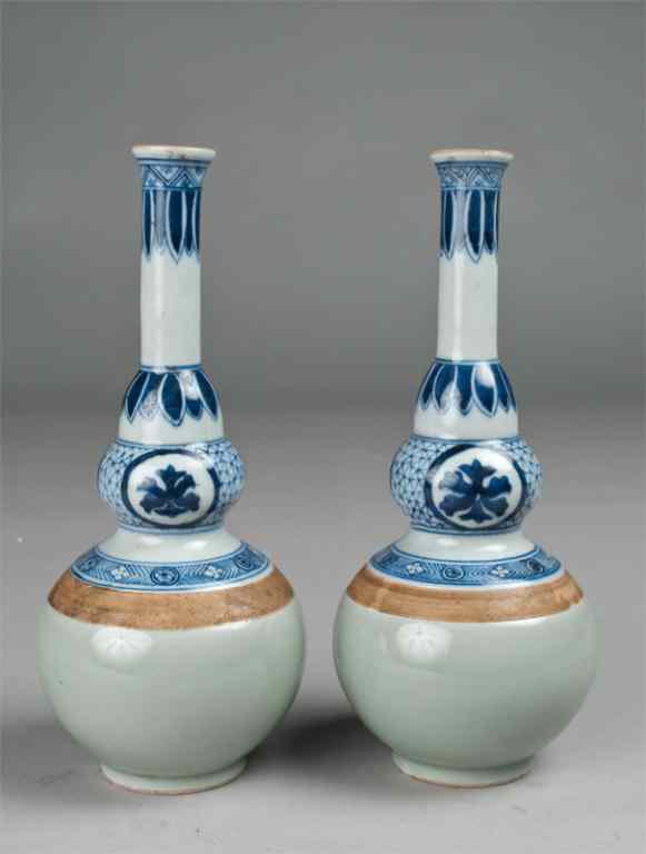 Appraisal: Pr Chinese Celadon Blue White Porcelain VasesThe sprinkle style triple