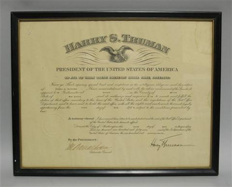 Appraisal: HARRY S TRUMAN PRESIDENTIAL APPOINTMENT DOCUMENT Presidential appointment document with