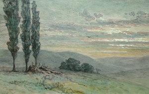 Appraisal: Eugene Kruger - - Landscape at sunset black chalk watercolour