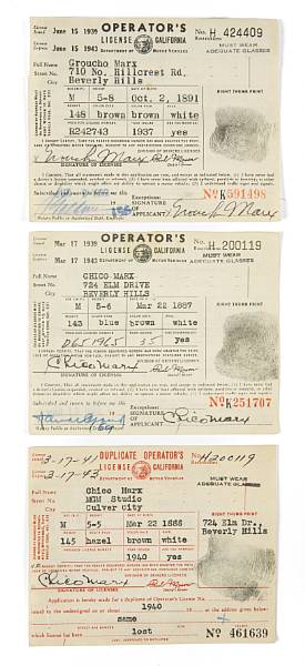 Appraisal: A Marx Brothers group of signed Operator's Licenses - Three