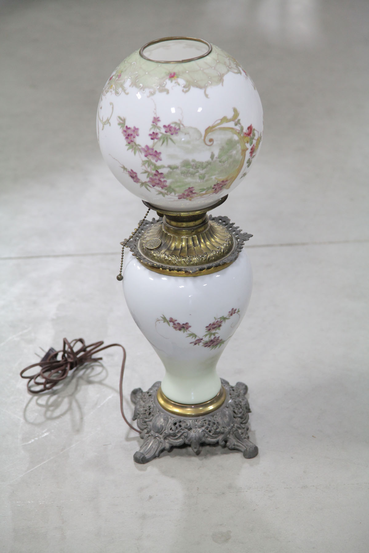 Appraisal: GONE-WITH-THE-WIND LAMP American th century Milk glass lamp with hand