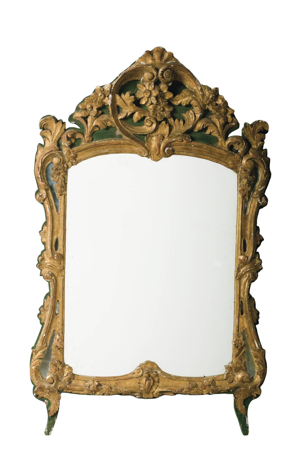 Appraisal: LOUIS XV CARVED GILTWOOD AND GREEN-PAINTED MIRROR Of rococo form