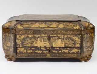 Appraisal: EXPORT GILT CHINOISERIE DECORATED BLACK LACQUERED SEWING BOX Chinese th