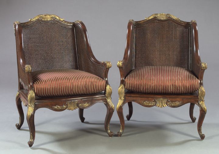 Appraisal: Pair of Louis XV-Style Mahogany and Giltwood Bergeres mid- th