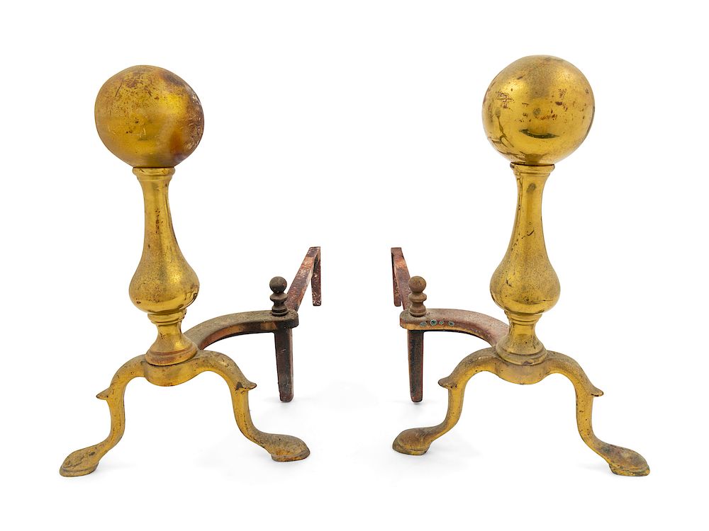 Appraisal: A Pair of Colonial Brass Andirons A Pair of Colonial