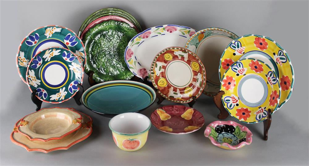 Appraisal: QUANTITY OF COLORFUL POTTERY TABLEWARES including cream teal and coral