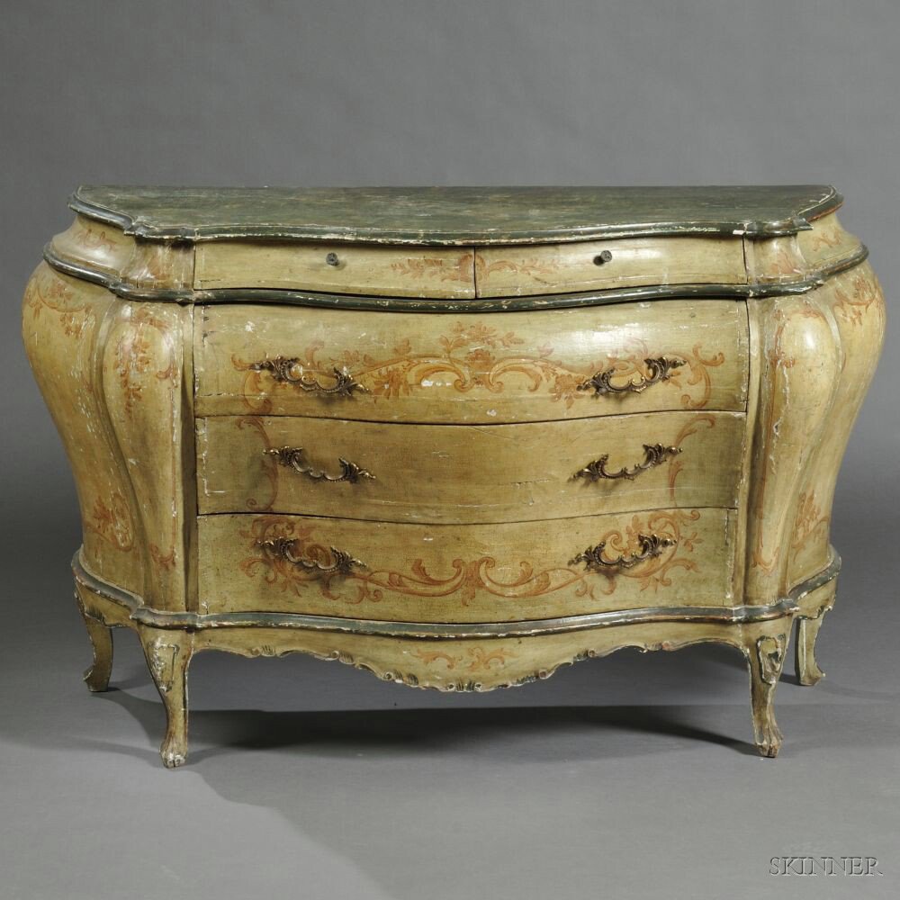 Appraisal: Venetian-style Painted Bombe Commode late th century green-painted throughout with