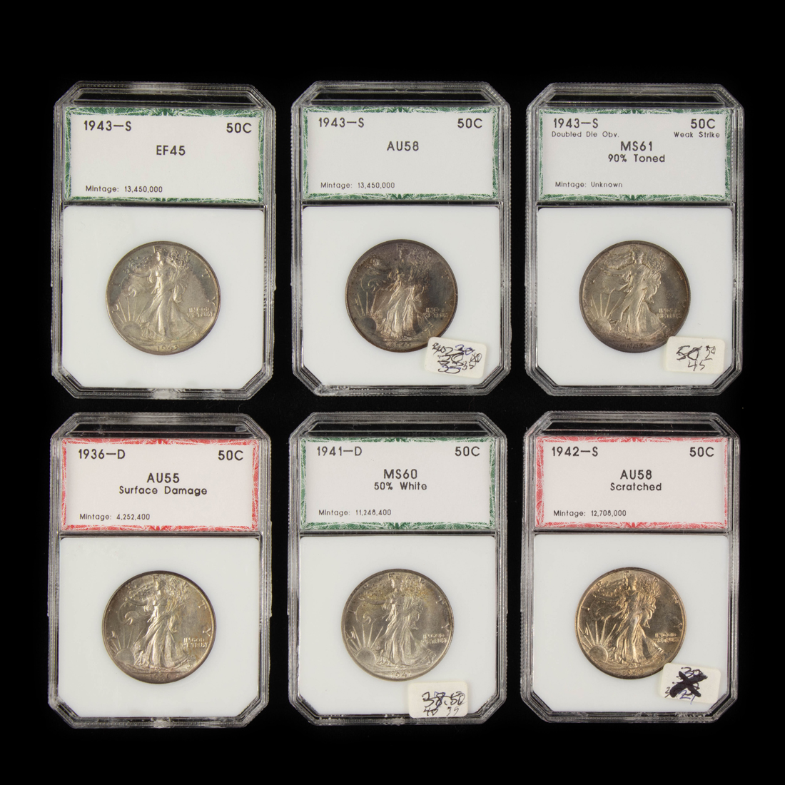 Appraisal: Lot of Walking Liberty half dollars PCI graded D Au