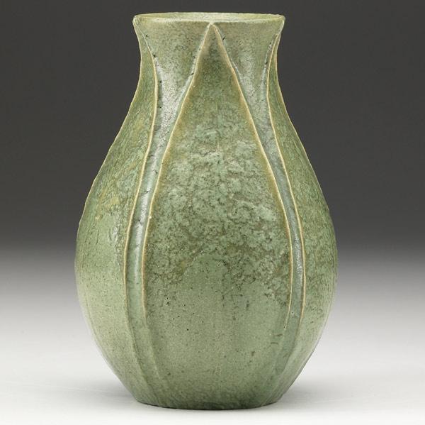 Appraisal: GRUEBYBulbous vase with leaves fine frothy matte green glazeCircular stamp