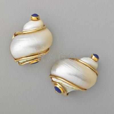 Appraisal: SEAMAN SCHEPPS TURBO SHELL AND LAPIS EAR CLIPS k gold