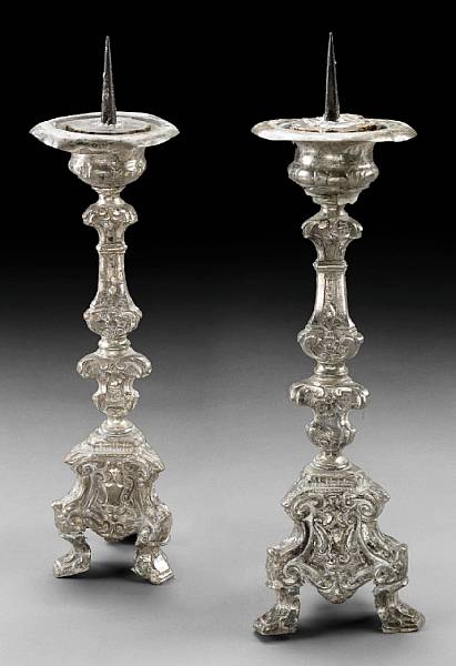 Appraisal: A pair of Baroque silvered brass prickets th th century